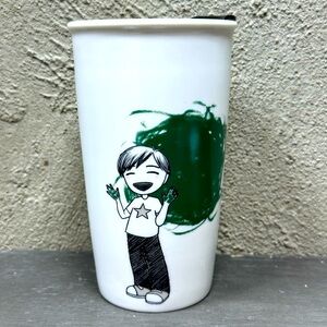 Starbucks 2015 Dot Collection Green Finger Paint Child Ceramic Travel Mug 12oz
